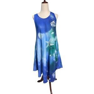 Vtg Crazy Fish Hand Painted Ocean Dress Blue Green Sea Life Gauzy L Art To wear